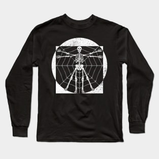 Creepy Halloween Vitruvian Man Skeleton In Spider Web Long Sleeve T-Shirt